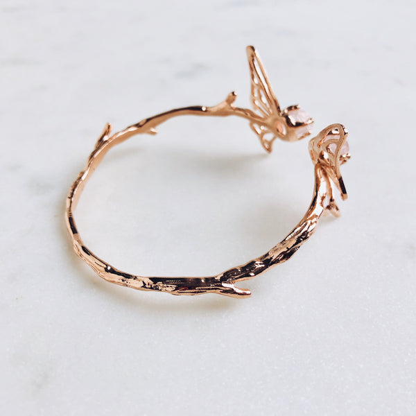 Raw Rose Quartz Butterfly Bangle in Rose Gold - Crystal Of A Kind