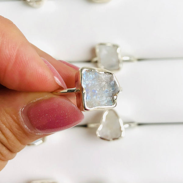 Fine Raw Moonstone Gemstone Ring in 925 Sterling Silver