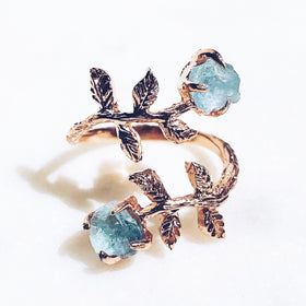 Raw Aquamarine Twisted Leaves Ring in Rose Gold - Crystal Of A Kind