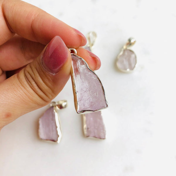 Raw Kunzite Pendant in 925 Sterling Silver