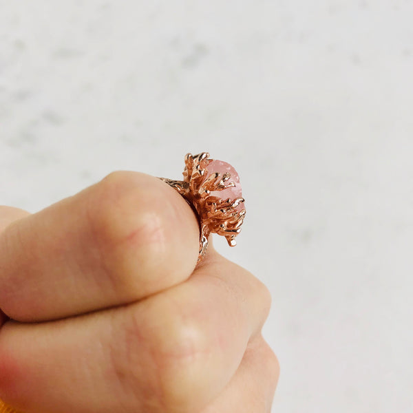 Raw Rose Quartz Coral Ring in Rose Gold