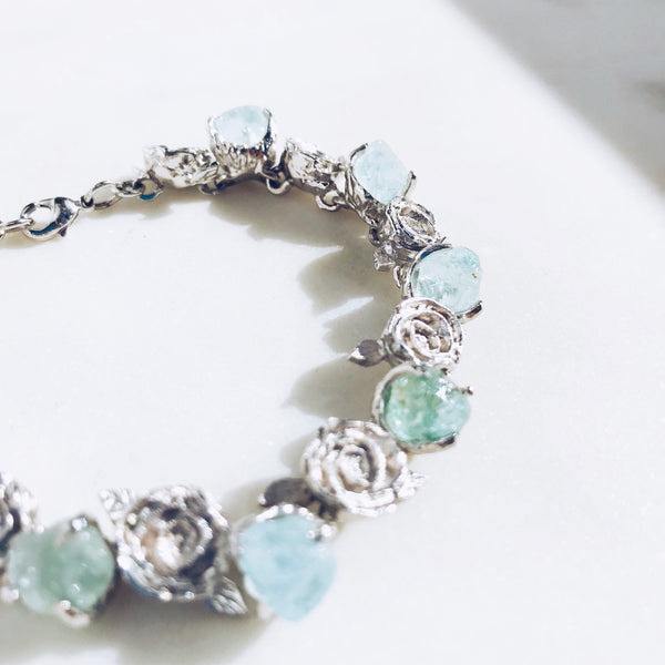 Raw Aquamarine Floral Bangle in Silver - Crystal Of A Kind