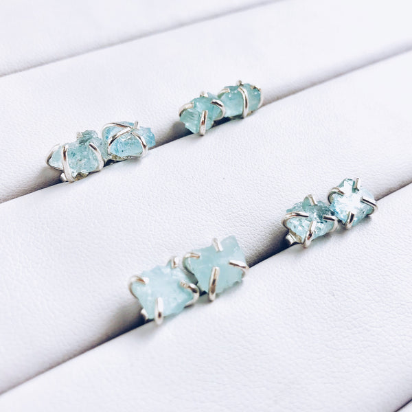 Raw Aquamarine Stud Earrings in 925 Sterling Silver - Crystal Of A Kind