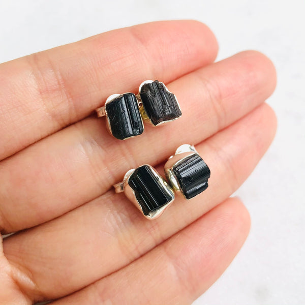 Raw Black Tourmaline Stud Earrings in 925 Sterling Silver