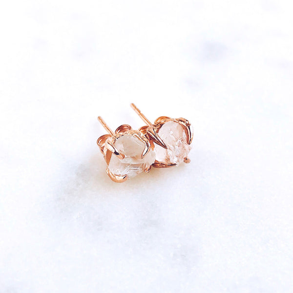 Raw White Topaz Stud Earrings in Rose Gold - Crystal Of A Kind
