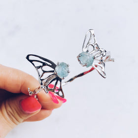 Raw Aquamarine Butterfly Bangle in Silver - Crystal Of A Kind
