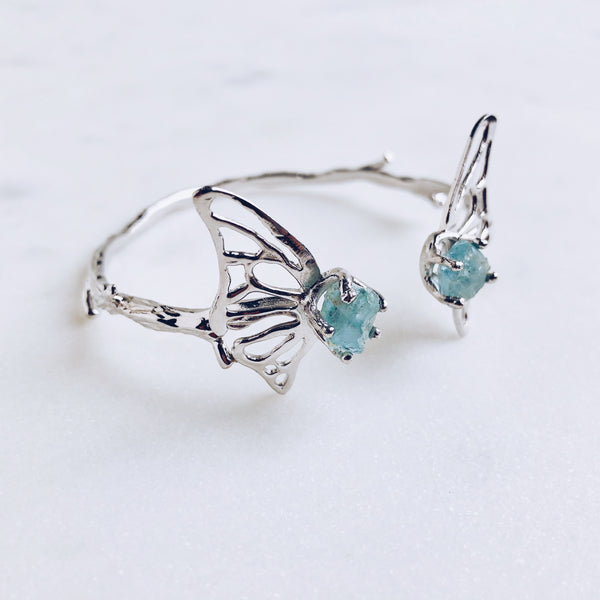 Raw Aquamarine Butterfly Bangle in Silver - Crystal Of A Kind