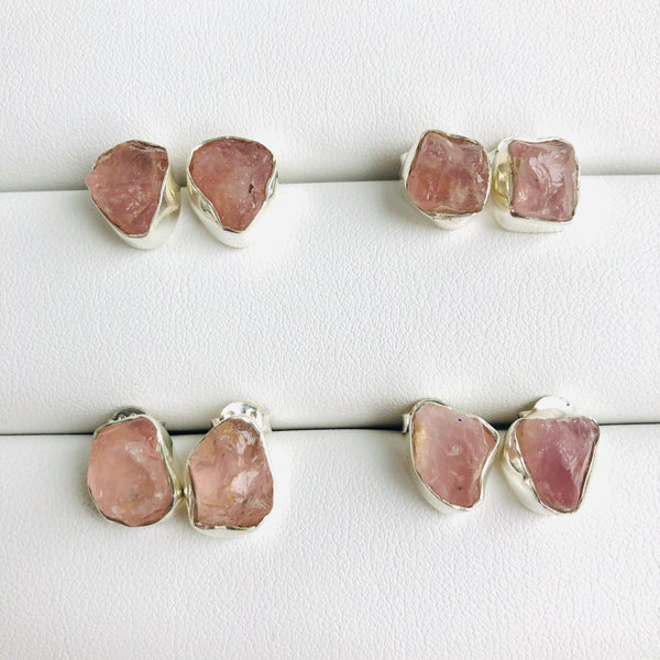 Raw Rose Quartz Stud Earrings in 925 Sterling Silver - Crystal Of A Kind