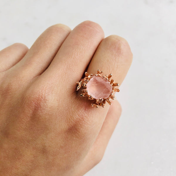 Raw Rose Quartz Coral Ring in Rose Gold