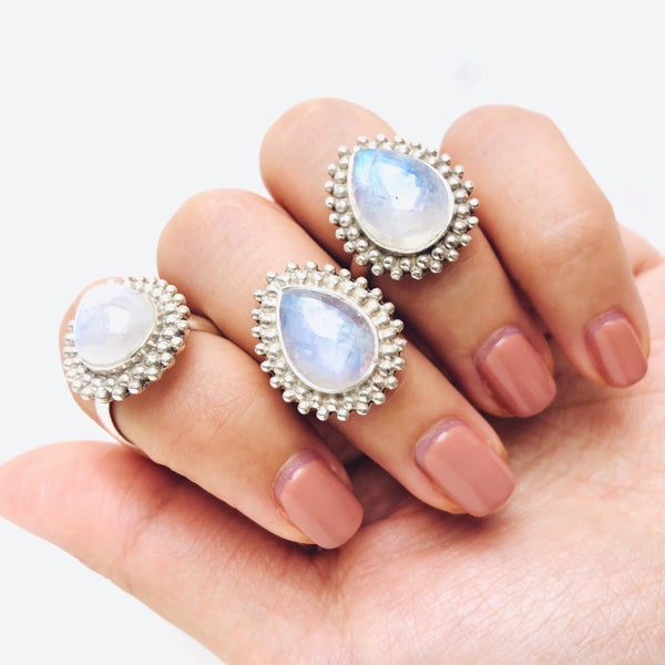 Moonstone Solaris Teardrop Ring in 925 Sterling Silver - Crystal Of A Kind