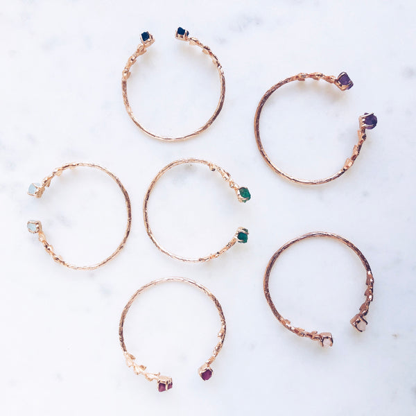 Raw Rose Quartz Leaves Bangle in Rose Gold - Crystal Of A Kind