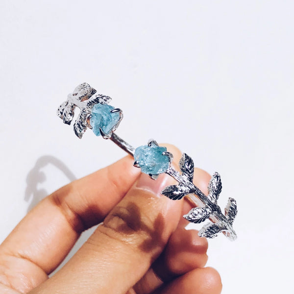 Raw Aquamarine Leaves Bangle in Silver - Crystal Of A Kind