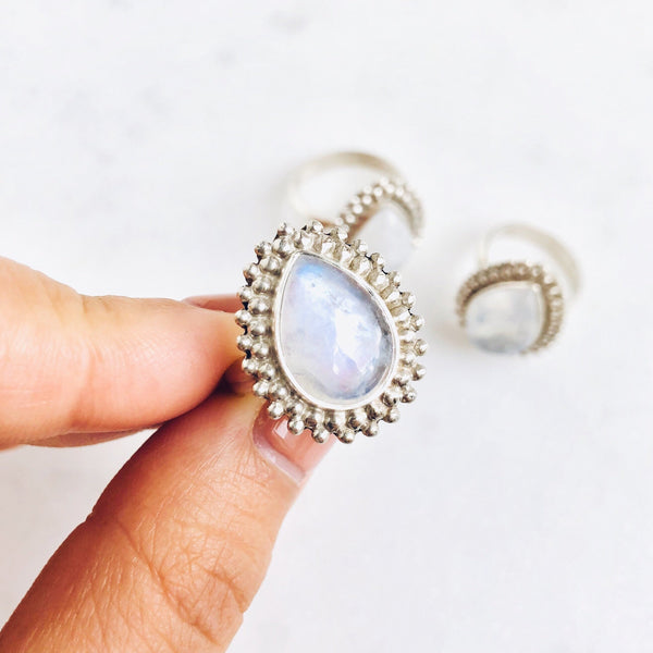 Moonstone Solaris Teardrop Ring in 925 Sterling Silver - Crystal Of A Kind