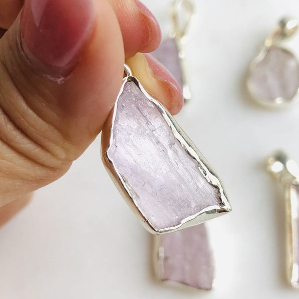 Raw Kunzite Pendant in 925 Sterling Silver