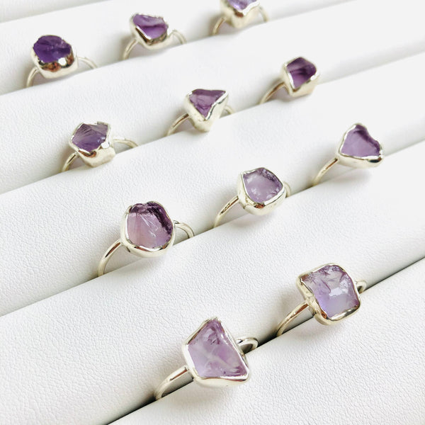 Fine Raw Amethyst Gemstone Ring in 925 Sterling Silver