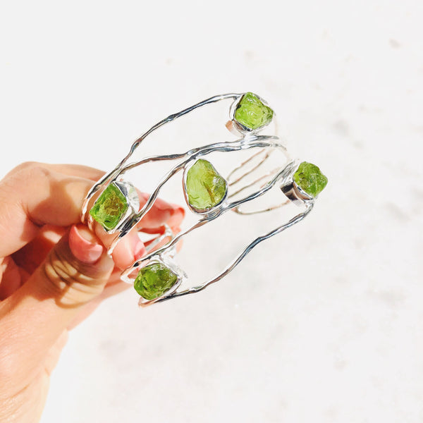 Raw Peridot Bangle in 925 Sterling Silver - Crystal Of A Kind