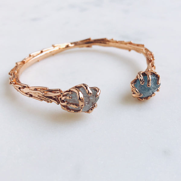 Raw Aquamarine Coral Reef Bangle in Rose Gold - Crystal Of A Kind