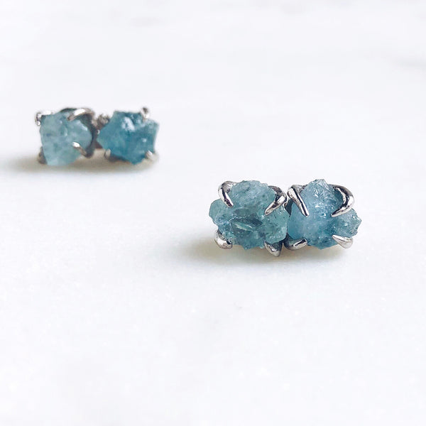 Raw Aquamarine Stud Earrings in Silver - Crystal Of A Kind