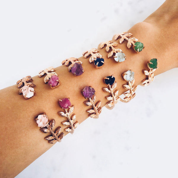 Raw Aquamarine Leaves Bangle in Rose Gold - Crystal Of A Kind