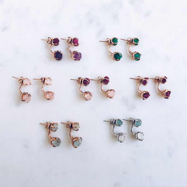 Raw Ruby Dual Stud Earrings in Rose Gold - Crystal Of A Kind