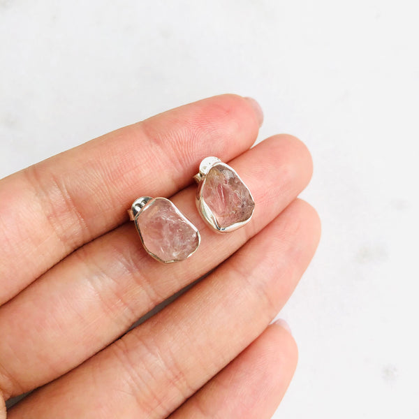 Raw Rose Quartz Stud Earrings in 925 Sterling Silver - Crystal Of A Kind