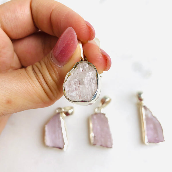 Raw Kunzite Pendant in 925 Sterling Silver