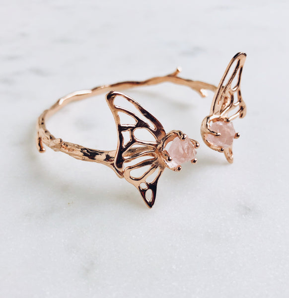 Raw Rose Quartz Butterfly Bangle in Rose Gold - Crystal Of A Kind