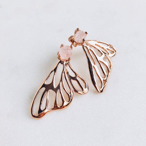 Raw Rose Quartz Butterfly Earrings in Rose Gold * Pre-order only* - Crystal Of A Kind