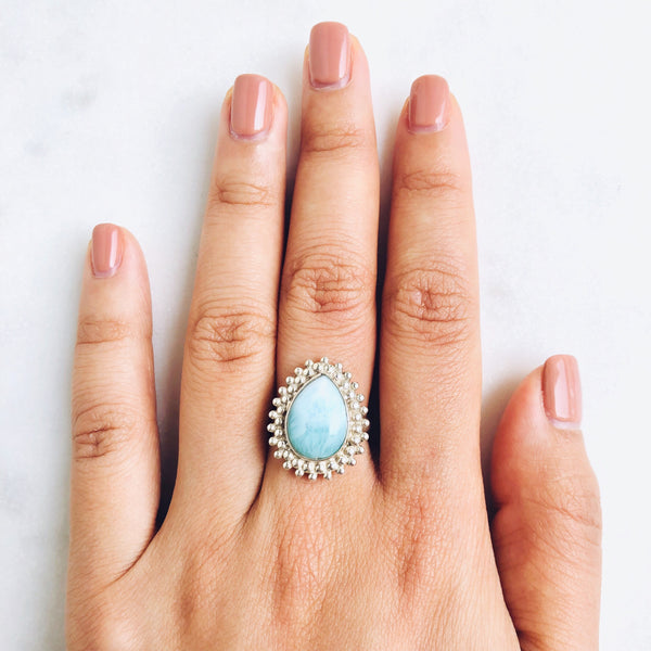 Larimar Solaris Teardrop Ring in 925 Sterling Silver - Crystal Of A Kind