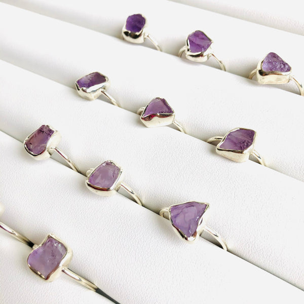 Fine Raw Amethyst Gemstone Ring in 925 Sterling Silver