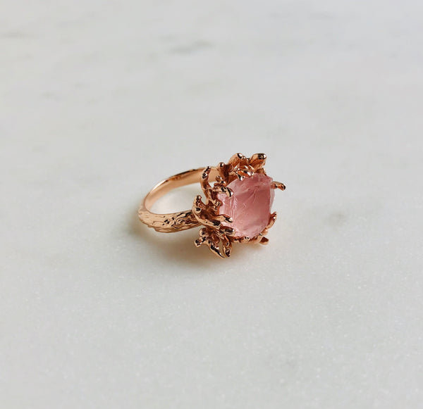 Raw Rose Quartz Coral Ring in Rose Gold