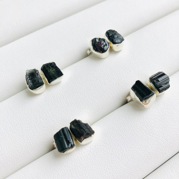 Raw Black Tourmaline Stud Earrings in 925 Sterling Silver
