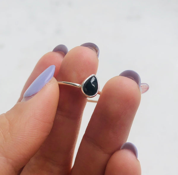 Black Tourmaline Teardrop Ring in 925 Sterling Silver - Crystal Of A Kind