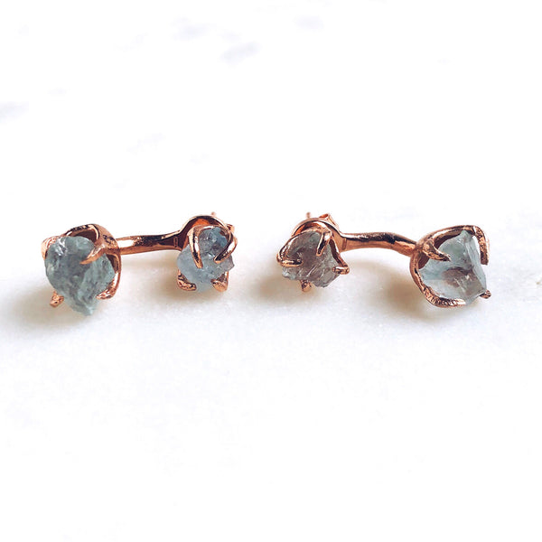 Raw Aquamarine Dual Stud Earrings in Rose Gold - Crystal Of A Kind