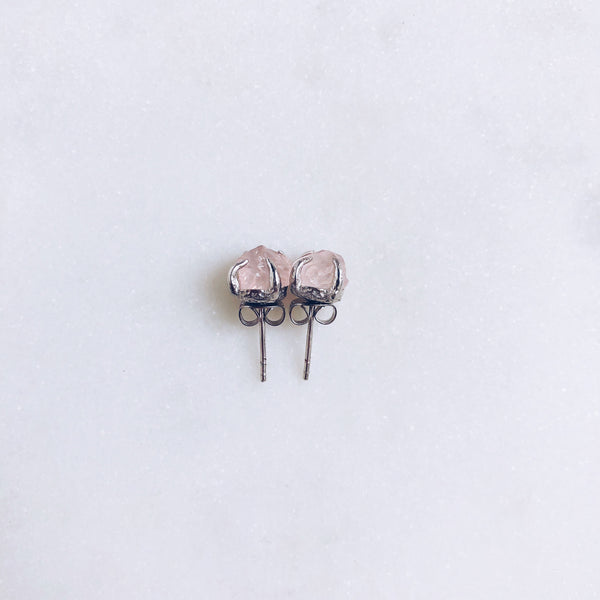 Raw Rose Quartz Stud Earrings in Silver - Crystal Of A Kind