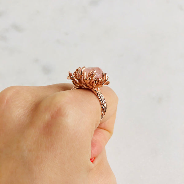 Raw Rose Quartz Coral Ring in Rose Gold