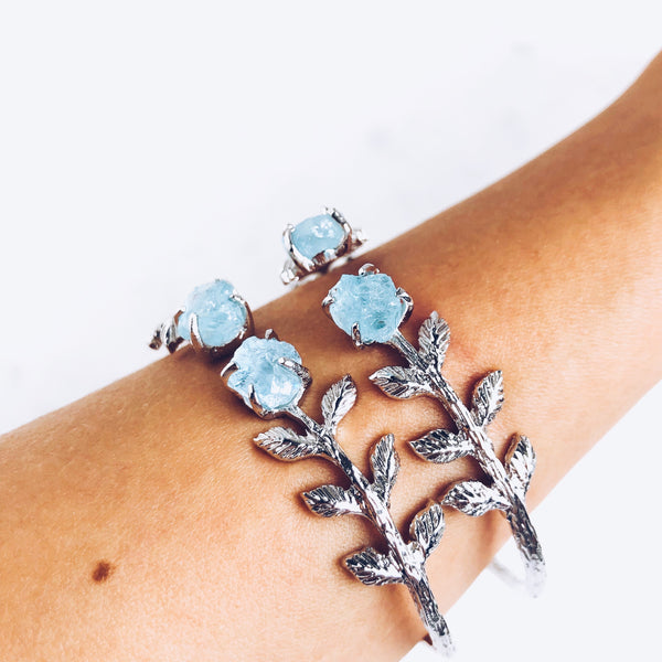 Raw Aquamarine Leaves Bangle in Silver - Crystal Of A Kind