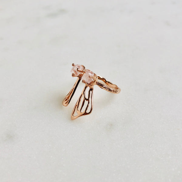 Raw Rose Quartz Butterfly Ring in Rose Gold - Crystal Of A Kind