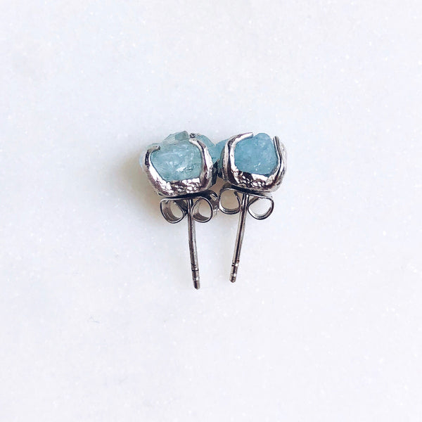 Raw Aquamarine Stud Earrings in Silver - Crystal Of A Kind