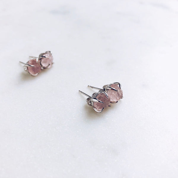 Raw Rose Quartz Stud Earrings in Silver - Crystal Of A Kind