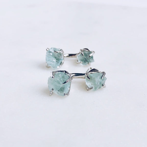 Raw Aquamarine Dual Stud Earrings in Silver - Crystal Of A Kind