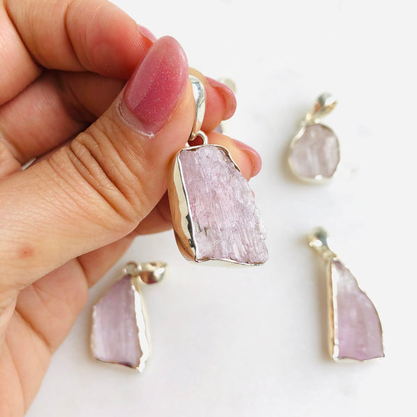 Raw Kunzite Pendant in 925 Sterling Silver