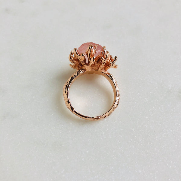 Raw Rose Quartz Coral Ring in Rose Gold
