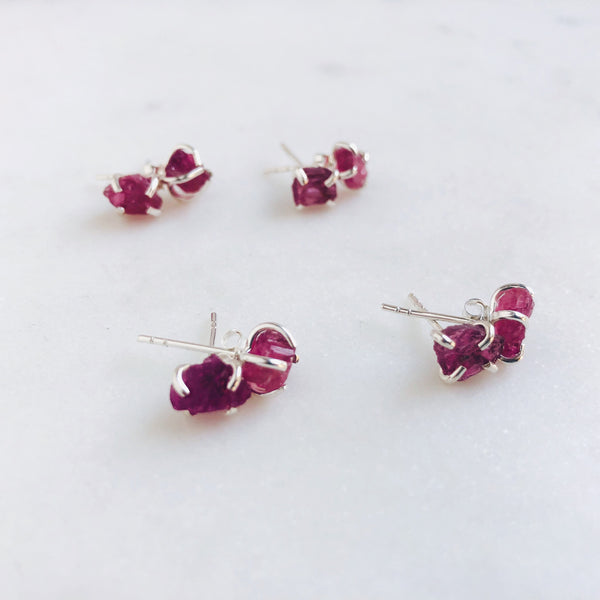 Raw Pink Tourmaline Stud Earrings in 925 Sterling Silver - Crystal Of A Kind