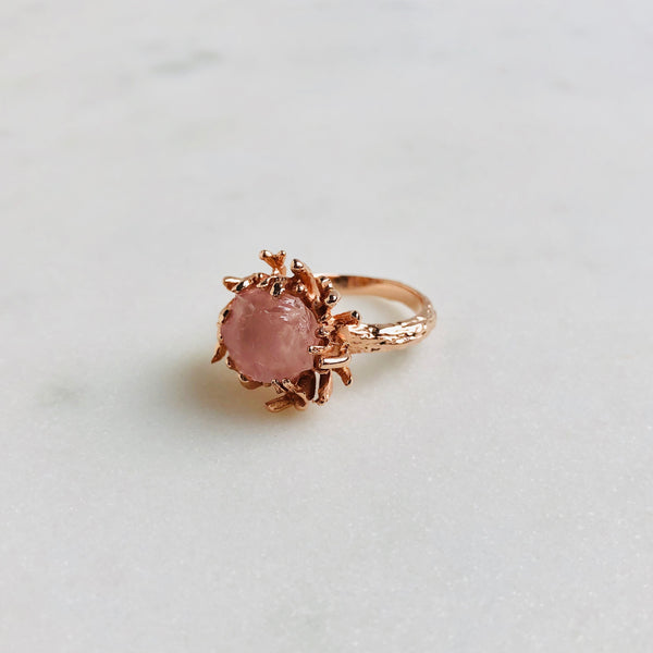 Raw Rose Quartz Coral Ring in Rose Gold