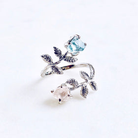 Raw Aquamarine & Rose Quartz Leaves Ring in Silver - Crystal Of A Kind