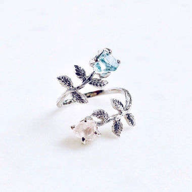 Raw Aquamarine & Rose Quartz Leaves Ring in Silver - Crystal Of A Kind