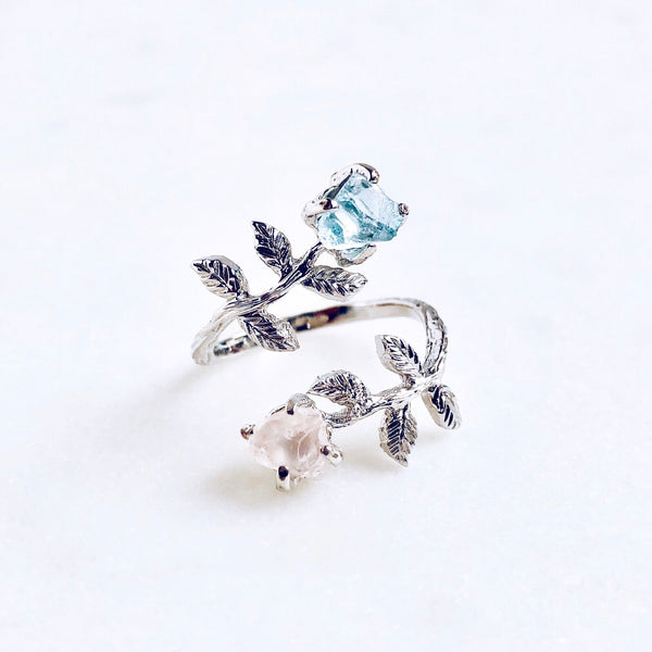 Raw Aquamarine & Rose Quartz Leaves Ring in Silver - Crystal Of A Kind