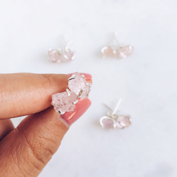 Raw Morganite Stud Earrings in 925 Sterling Silver - Crystal Of A Kind