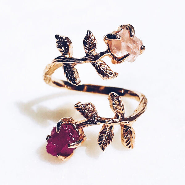 Raw Ruby & Rose Quartz Twisted Leaves Ring in Rose Gold - Crystal Of A Kind